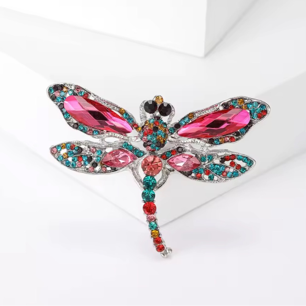 Dragonfly Brooch pin rhinestone pink green blue